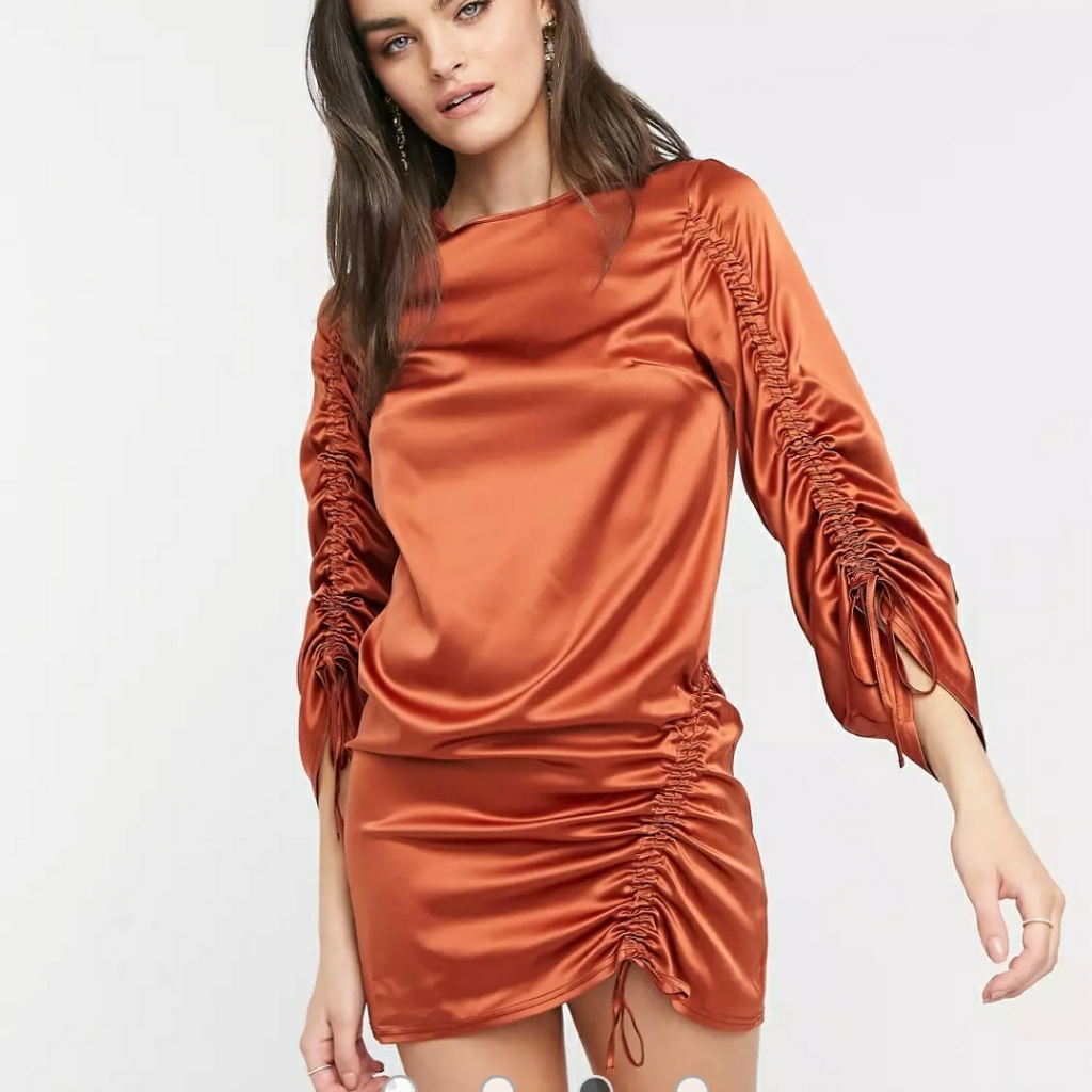 Asos Burnt Orange Ruched Long Sleeve Silk Textured Short Dress